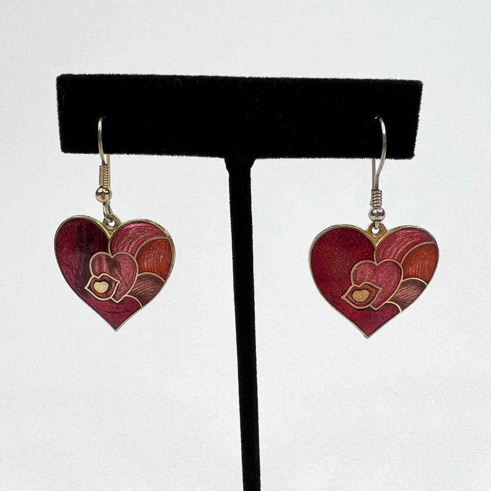 Vintage Cloisonne Heart & Lips Dangle Earrings